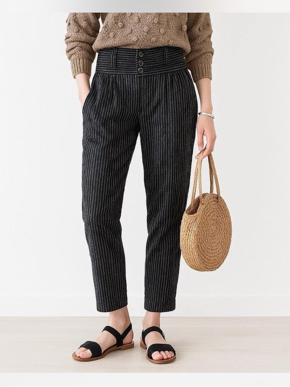 Sundance Women’s Amelia Trouser Pant Linen Cotton Black Striped Sz 6 Office